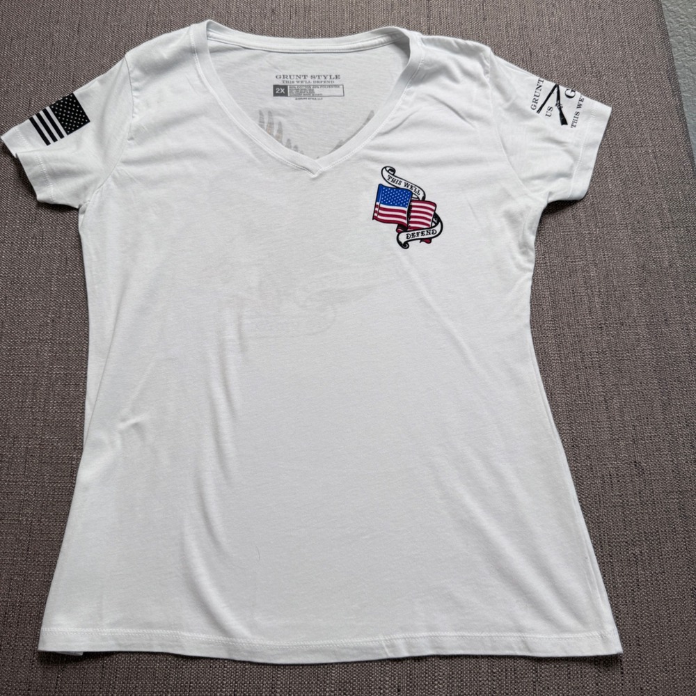 Grunt Style Womens 2X White V-Neck T-Shirt No Sacrifice No Victory Eagle Flag